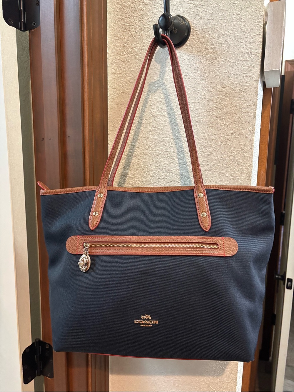 Coach Navy Tote with Brown Leather Trim and Gold Hardware